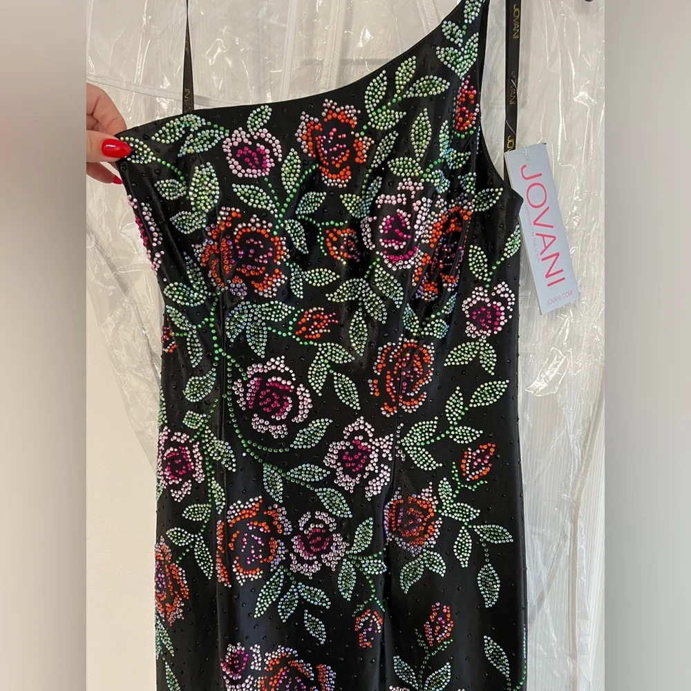 JOVANI Black Floral One-Shoulder Dress - BRAND NEW - Picture 4 of 6
